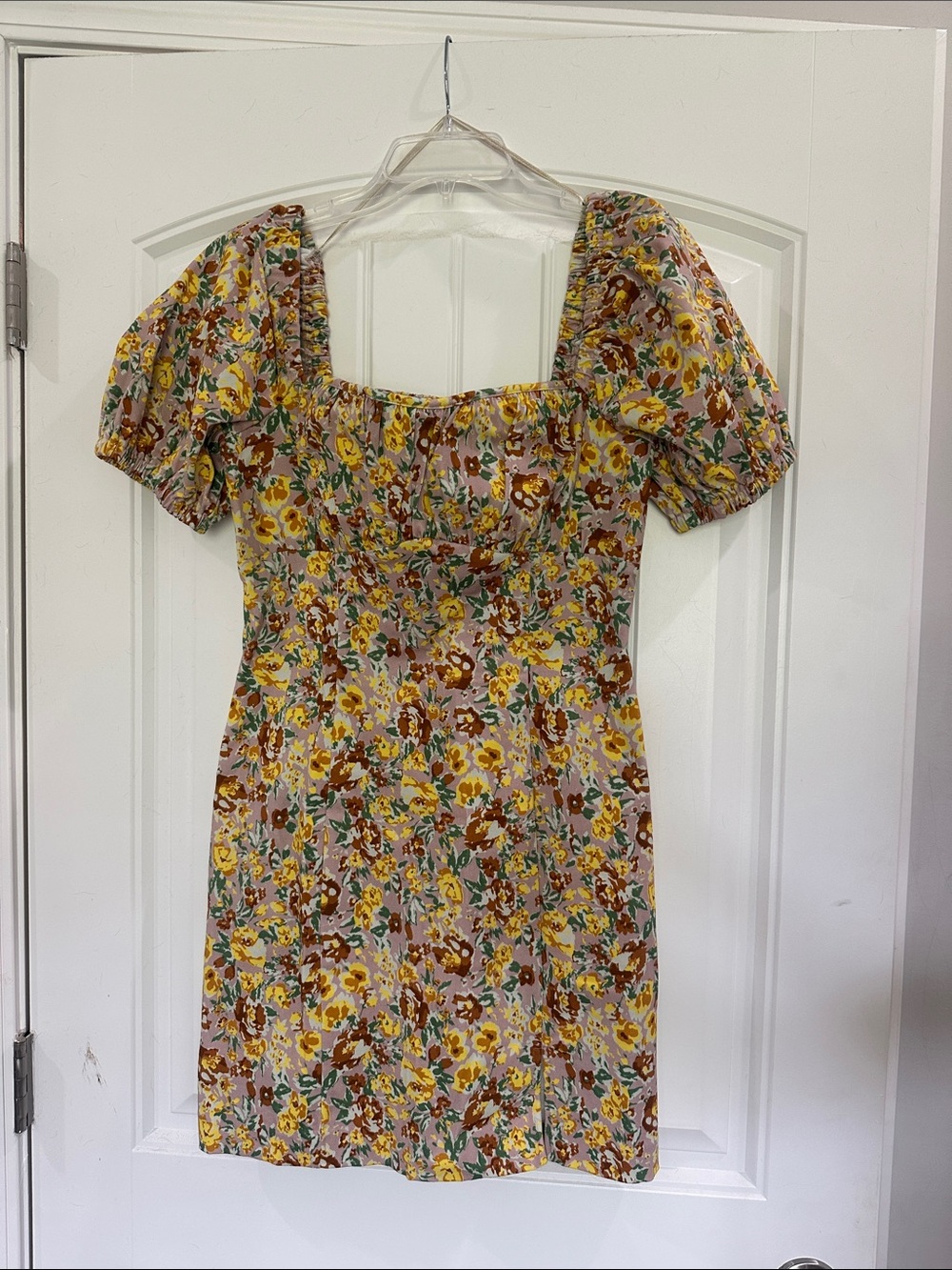 Astr Floral Puff-Sleeve Mini Dress in Yellow and Brown